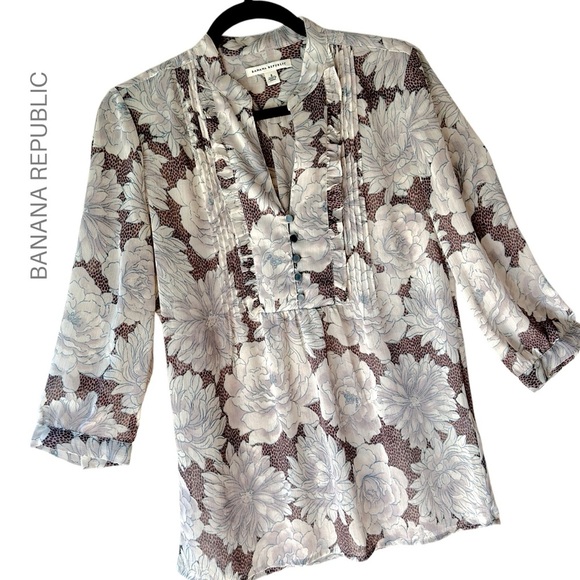 BANANA REPUBLIC | NWOT FLORAL RUFFLE PLEATED TUNIC TOP SPLIT FRONT | SMALL - Picture 1 of 9